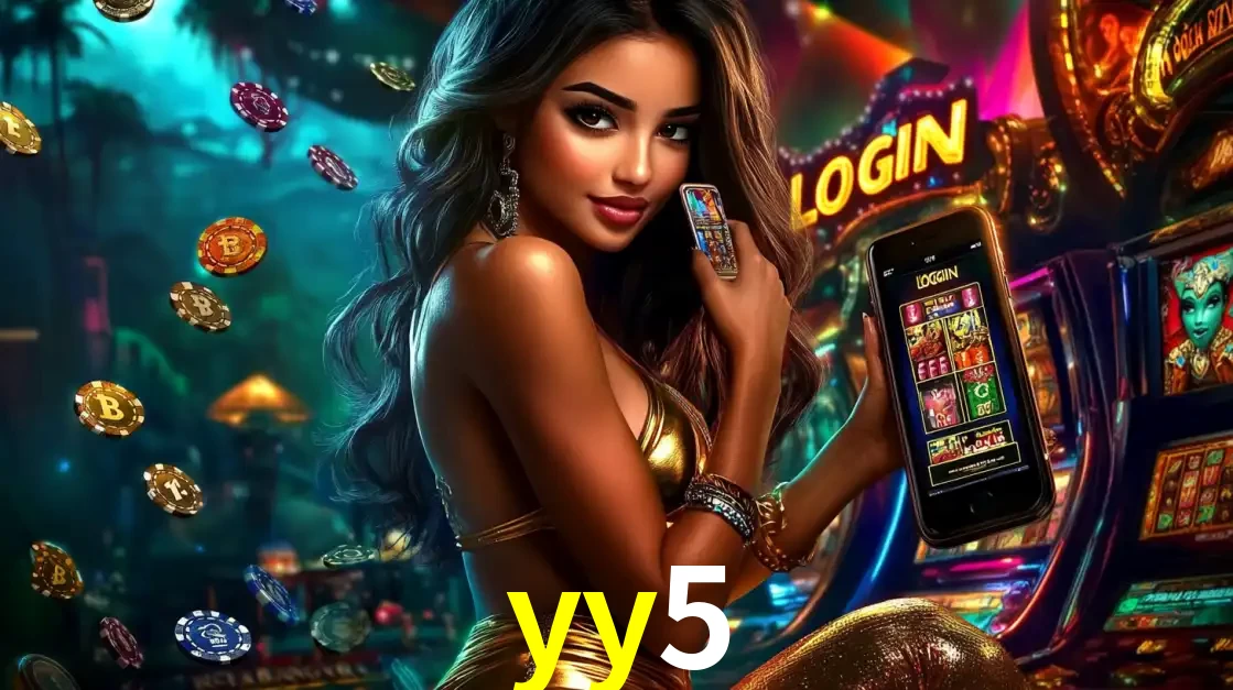 Mulher em um cenário de cassino temático de aventura, mostrando o app de caça-níqueis da yy5 no celular. Fichas de apostas flutuam ao redor.
