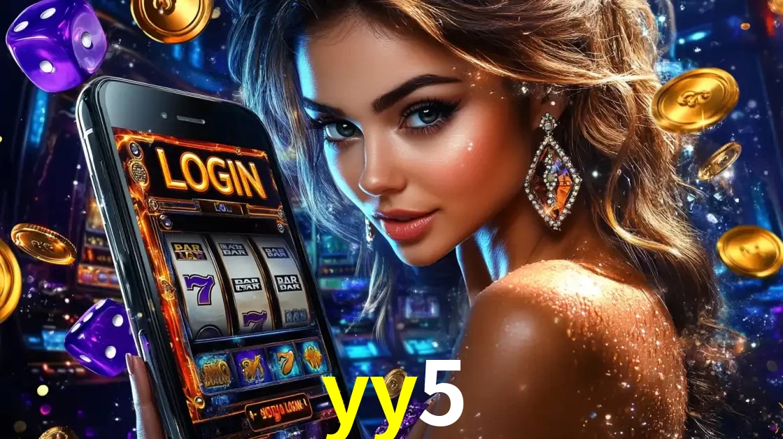 Mulher glamorosa segurando um smartphone com a tela de login para os jogos de caça-níqueis do cassino online yy5, com moedas de ouro e dados ao redor.