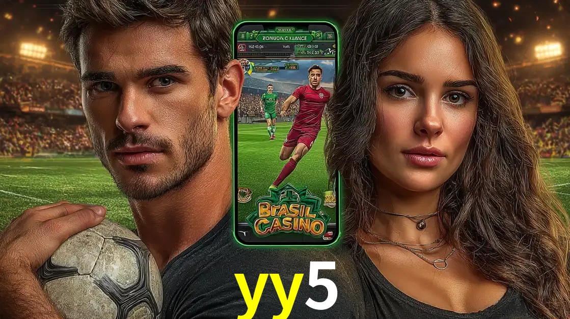 Homem segurando uma bola de futebol e uma mulher ao lado de um smartphone exibindo o jogo de apostas esportivas da yy5. Faça seu palpite no cassino online.